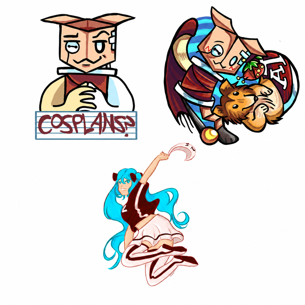 Crafty and Rev sticker, Aggie Miku sticker, and Crafty Cosplans sticker. Sold separately