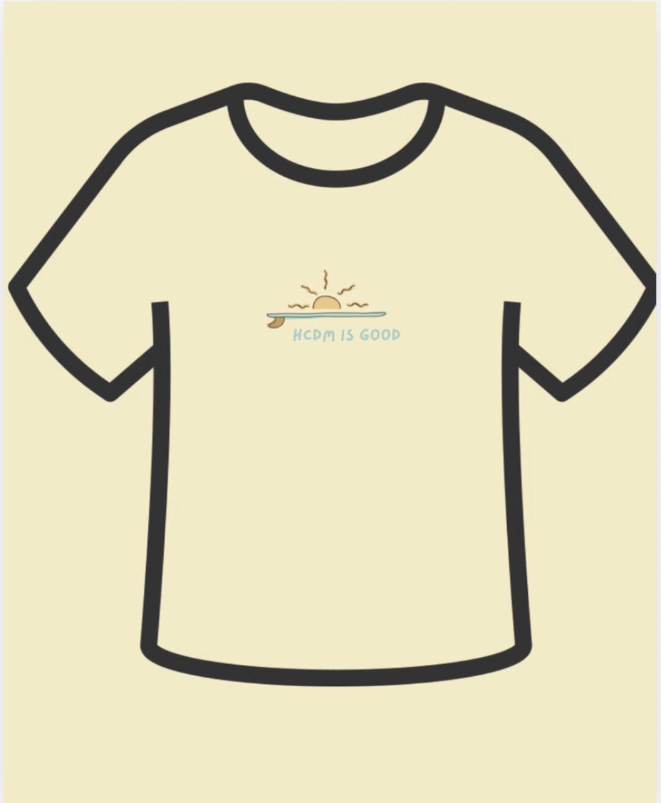 Shirt design - yellow with Life Is Good style design of "HCDM is good"